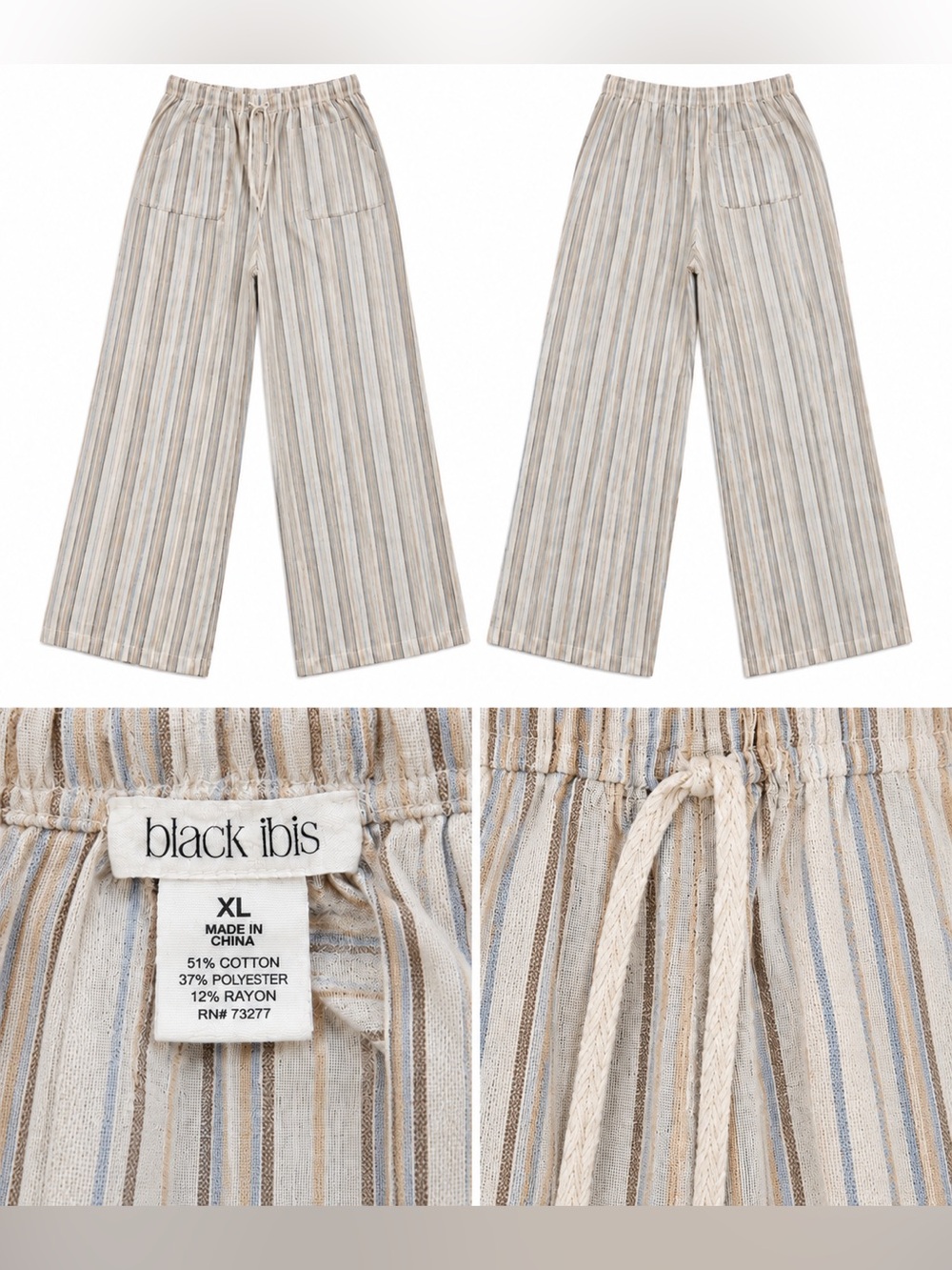 Black Iris Striped Wide Leg Pull On Pants Cream Blue Tan XL